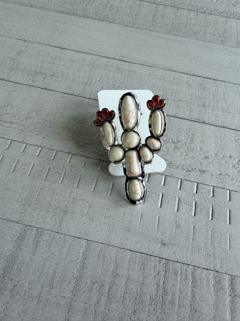 Western White Cactus Statement Ring with Red Flower Accents New